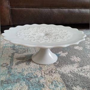 MCM Vintage Fenton Wedding Christmas Milk Glass Spanish Lace Cake Stand Pedestal